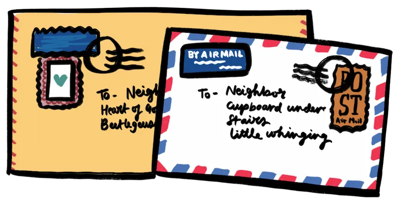 Two illustrated envelopes addressed to a neighbor